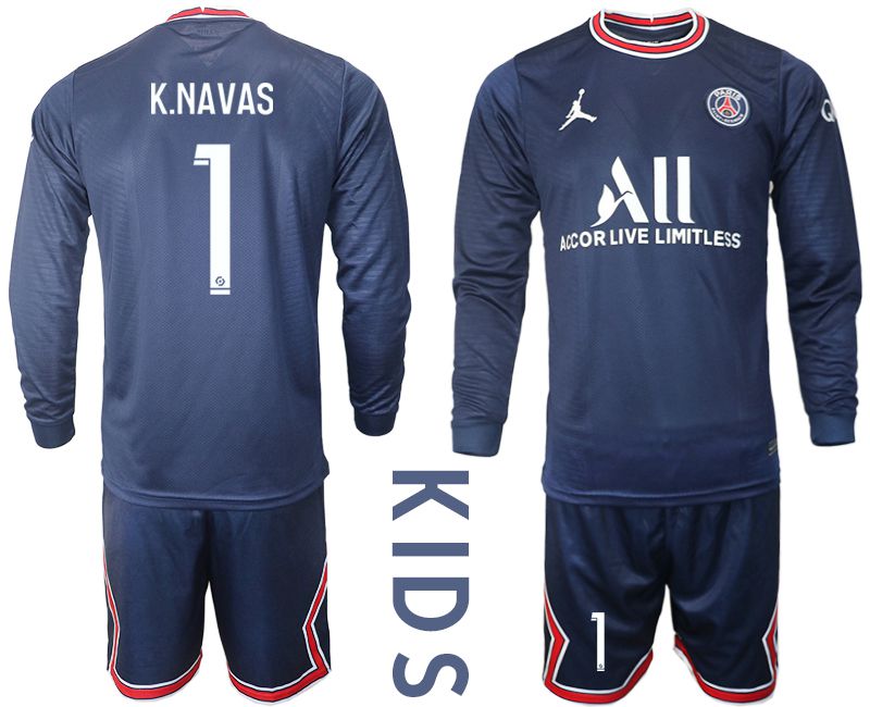 Youth 2021-2022 Club Paris St German home blue Long Sleeve #1 Soccer Jersey->youth soccer jersey->Youth Jersey